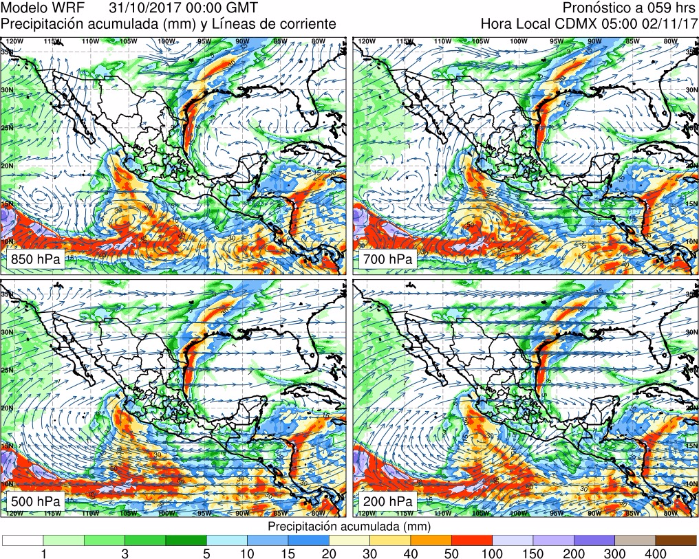 Figura 16. Líneas de corriente en 700 hPa en combinación con agua precipitable cada 6 horas.