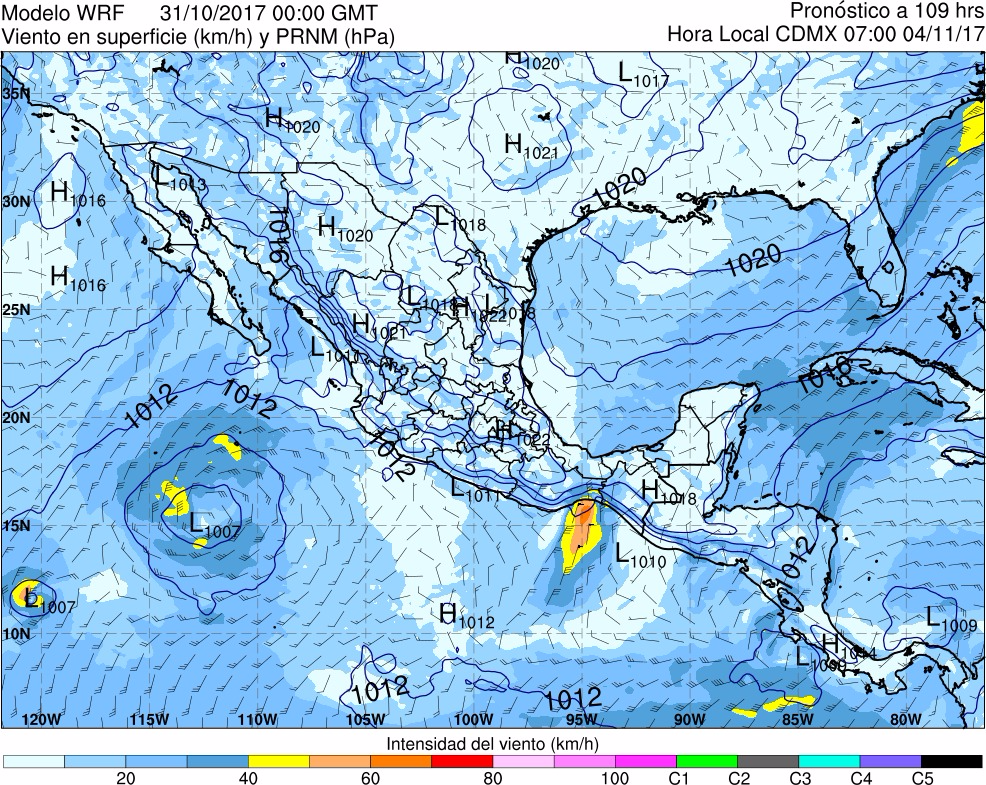 Figura 18. Viento en superficie y Presión Reducida al Nivel del Mar (PRNM).