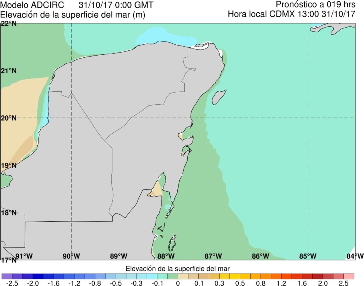 Figura 49.Ejemplo del producto gráfico de elevación de la superficie del mar para el acercamiento a las costas mexicanas en el Mar Caribe (modelo ADCIRC).