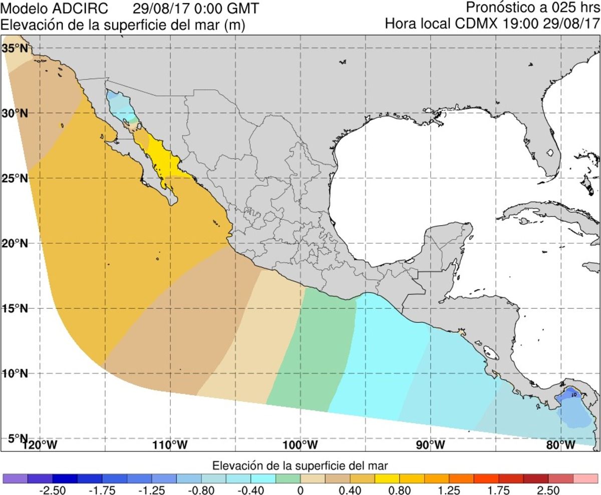 Figura 50.Ejemplo del producto gráfico de elevación de la superficie del mar para el dominio del Pacífico Mexicano del modelo ADCIRC.